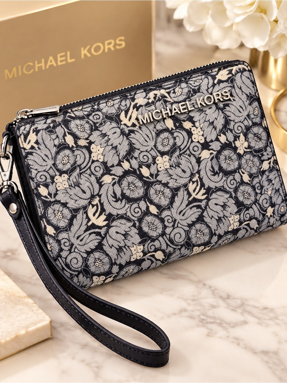 Michael Kors Floral Wristlet Wallet Blue Gray Black Zip Around NWOT 💛B1G2 FREE💛